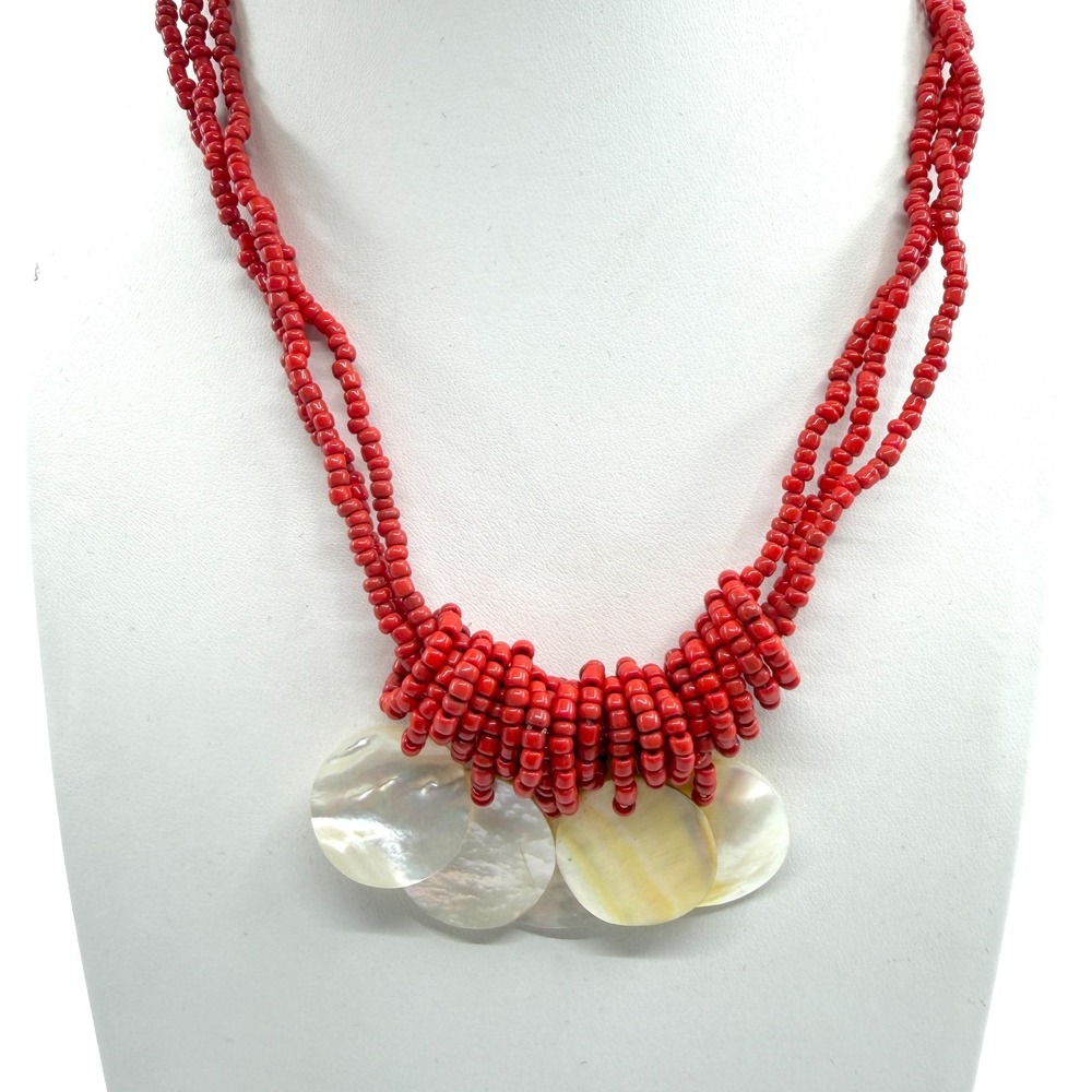 Y2K Red Seed Bead Multi-Strand Necklace with Mother of Pearl Shell